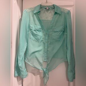 Candie's Aqua Sheer Blouse with Lace Detail